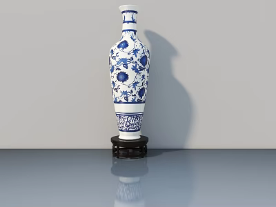 Chinese Traditional Flower Stand With Black Base And Blue White Porcelain Vase Floral Patterns 3d model