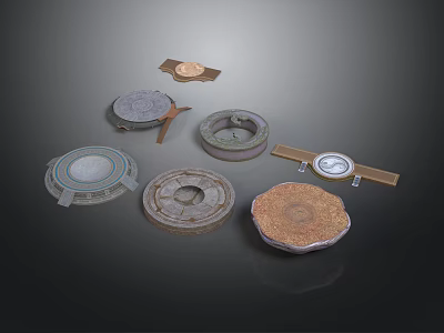 Various Designed Round Decorative Components With Textures Holes And Pointer Gauge 3d model