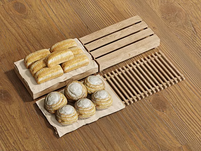 Delicious Flaky And Sugar Dusted Pastries On Wooden Table With Tray And Grill Mat 3d model