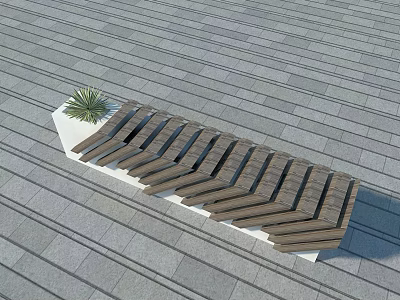 Outdoor Bench With Wooden Herringbone Design And Small Plant On Gray Stone Pavement 3d model