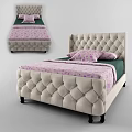Elegant Beige Tufted Double Bed With Green Sheet And Purple Floral Quilt