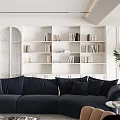 Dark Blue L Shaped Sofa With Round Coffee Table And Beige Armchairs