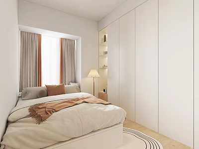 Tatami Bedroom Interior Design With Bed Blanket Pillows Window Curtains And Cabinet 3d model