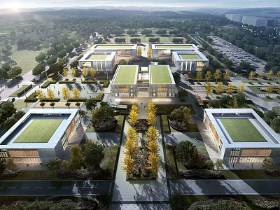 Modern Industrial Factory Complex With Green Roofs Trees Roads And Parking Areas 3d model