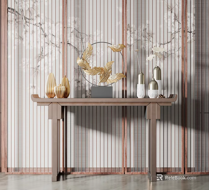 Elegant Modern Interior Wooden Console Table With Golden Leaf Sculpture Vases And Striped Partition 3d model 