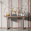 Elegant Modern Interior Wooden Console Table With Golden Leaf Sculpture Vases And Striped Partition