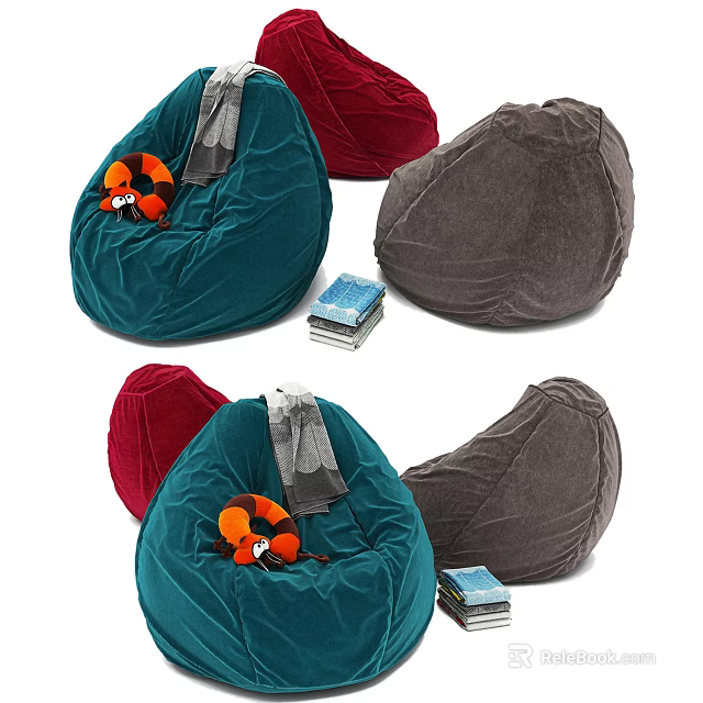 Comfortable Bean Bag Chairs In Various Colors With Stuffed Toy And Books 3d model 