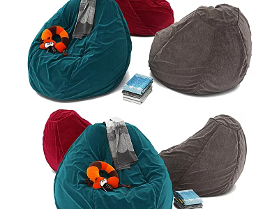 Comfortable Bean Bag Chairs In Various Colors With Stuffed Toy And Books 3d model