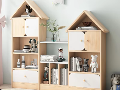 House Shaped Wooden White Bookcase With Books Decor Toys And Plant Vase 3d model