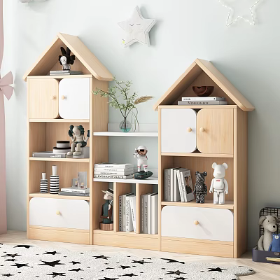 House Shaped Wooden White Bookcase With Books Decor Toys And Plant Vase 3d model