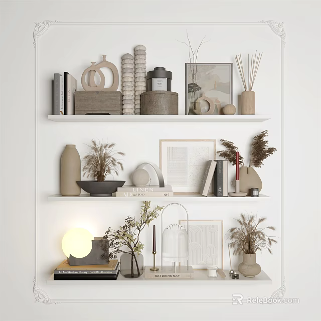 Minimalist Wall Shelf Decorative Ornaments Set With Vases Sculptures Picture Frames Dried Plants And Books 3d model 