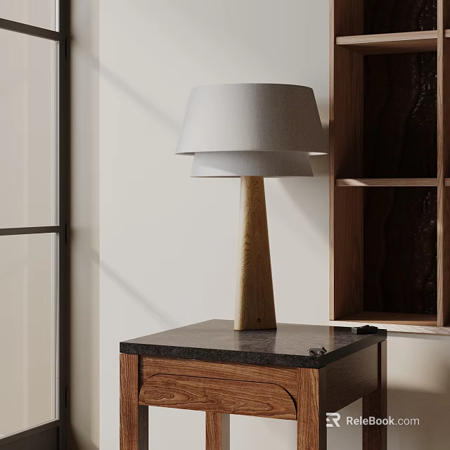 Minimalist Table Lamp With White Lampshade On Wooden Nightstand Black Countertop 3d model 