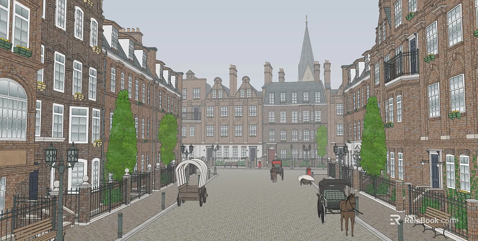 Historic Commercial Street With Red Brick Buildings Horse Drawn Carriages And Cobblestone Road 3d model 