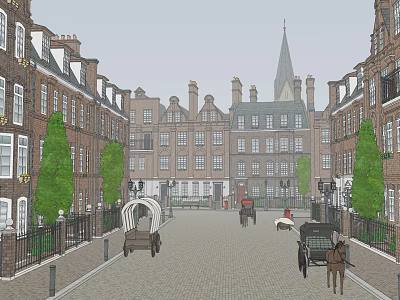 Historic Commercial Street With Red Brick Buildings Horse Drawn Carriages And Cobblestone Road 3d model