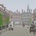 Historic Commercial Street With Red Brick Buildings Horse Drawn Carriages And Cobblestone Road