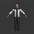 Male Character in White Black Jacket with Blue Logo and Outstretched Arms Gray Background