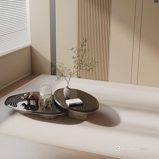 Modern Sofa Coffee Table Combination With Black Glass Top And Light Beige Sofa In Living Room 3d model 