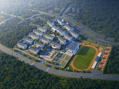 Modern School Buildings On University Campus With Football Field And Green Trees 3d model