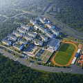 Modern School Buildings On University Campus With Football Field And Green Trees