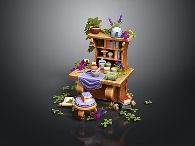Wooden Desk And Bookshelf With Potted Plants Tea Set Purple Flowers And Scattered Green Leaves 3d model