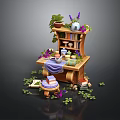 Wooden Desk And Bookshelf With Potted Plants Tea Set Purple Flowers And Scattered Green Leaves