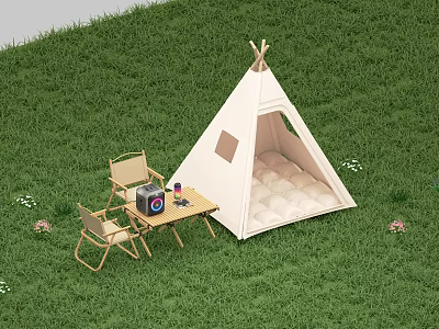 Outdoor Table With Wooden Chairs And Radio Near Camping Tent On Green Grass 3d model