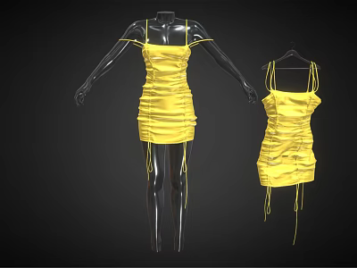 Yellow Spaghetti Strap Ruched Dress With Drawstring Details On Mannequin And Hanger 3d model