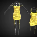 Yellow Spaghetti Strap Ruched Dress With Drawstring Details On Mannequin And Hanger