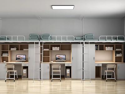 Multiple Bunk Beds In Dormitory Room With Desks Chairs And Built in Bookshelves 3d model