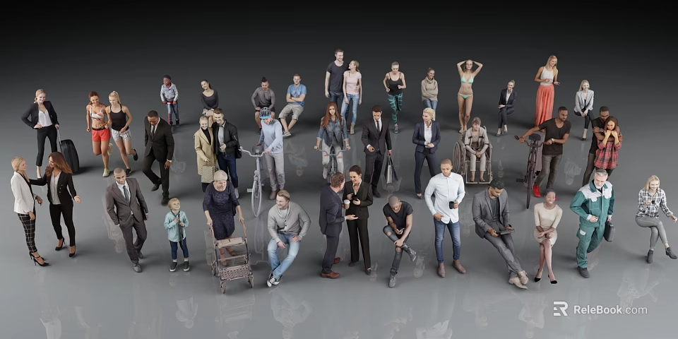 Diverse Group of People in Various Poses and Outfits Standing and Sitting Together 3d model 