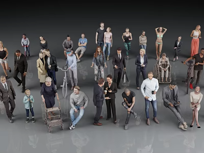 Diverse Group of People in Various Poses and Outfits Standing and Sitting Together 3d model