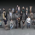 Diverse Group of People in Various Poses and Outfits Standing and Sitting Together