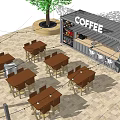 Coffee Shop Interior With Order Here Counter Menu Display Tables And Hanging Lights