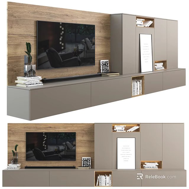 Modern TV Cabinet With Wooden Panel And Decorative Frames Books And Potted Plant 3d model 
