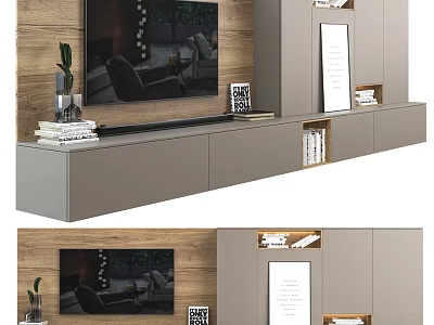 Modern TV Cabinet With Wooden Panel And Decorative Frames Books And Potted Plant 3d model