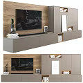 Modern TV Cabinet With Wooden Panel And Decorative Frames Books And Potted Plant