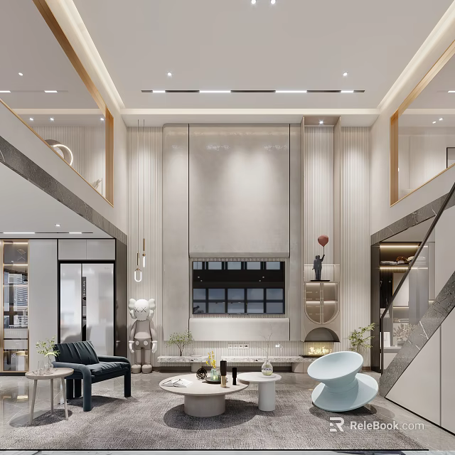 Elegant Modern Duplex Living Room Interior With High Ceiling Large Windows And Staircase 3d model