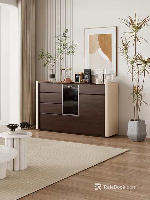 Modern Tea Room With Wooden Cabinet Glass Door Coffee Machine Decorative Plants And Wall Painting 3d model 