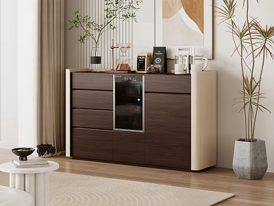 Modern Tea Room With Wooden Cabinet Glass Door Coffee Machine Decorative Plants And Wall Painting 3d model