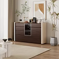 Modern Tea Room With Wooden Cabinet Glass Door Coffee Machine Decorative Plants And Wall Painting