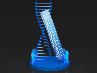 DNA Double Helix Structure With Test Tube And Blue Glowing Base 3d model