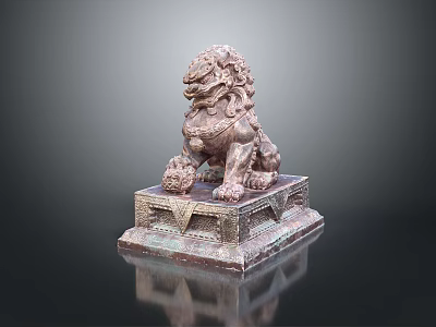 Traditional Stone Lion Statue With Intricate Carved Pedestal And Details 3d model