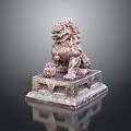Traditional Stone Lion Statue With Intricate Carved Pedestal And Details