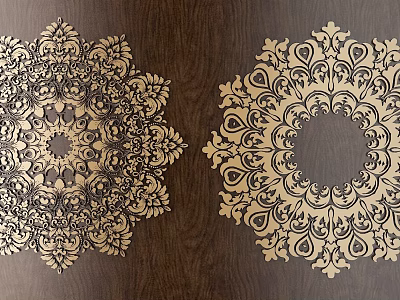 Intricate Carved Wooden Patterns With Circular Floral Designs On Dark Wood Background 3d model