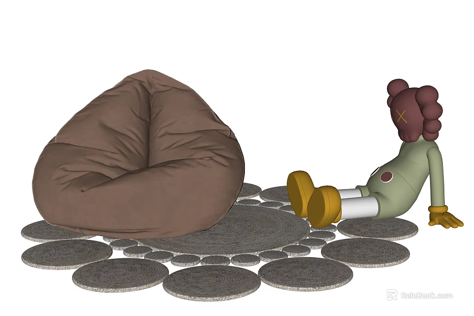 Cozy Brown Bean Bag Chair With Cartoon Doll On Round Mats 3d model 