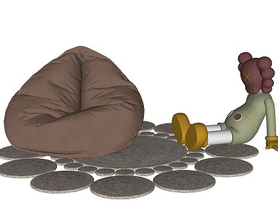 Cozy Brown Bean Bag Chair With Cartoon Doll On Round Mats 3d model