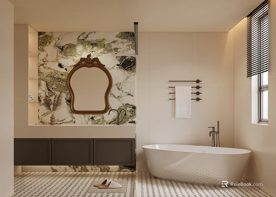 Modern Bathroom Interior With Marble Wall Oval Bathtub Dark Cabinets Framed Mirror And Window Blinds 3d model 