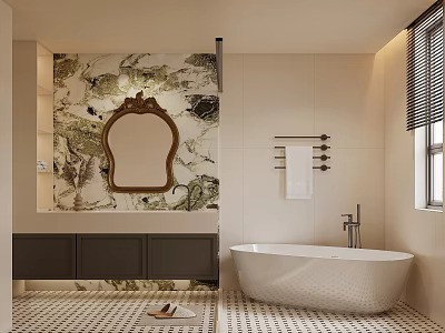 Modern Bathroom Interior With Marble Wall Oval Bathtub Dark Cabinets Framed Mirror And Window Blinds 3d model