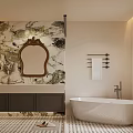 Modern Bathroom Interior With Marble Wall Oval Bathtub Dark Cabinets Framed Mirror And Window Blinds