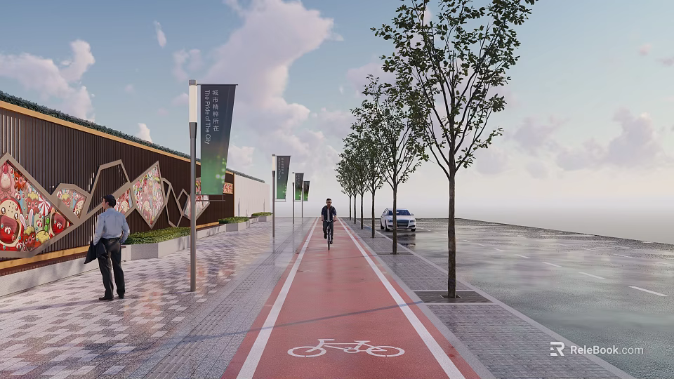 Tall Trees Lining Red Bicycle Lane With Pedestrians Cyclists And Lamp Posts On Sidewalk 3d model 